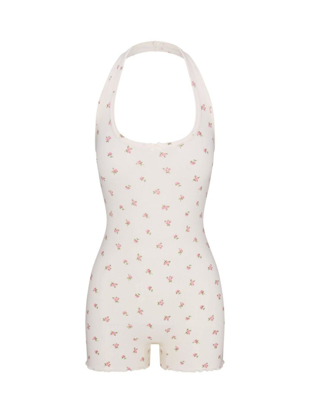 SKIMS Logo Pointelle Halter Onesie Marble Pink Rosebud Print Size S NWT